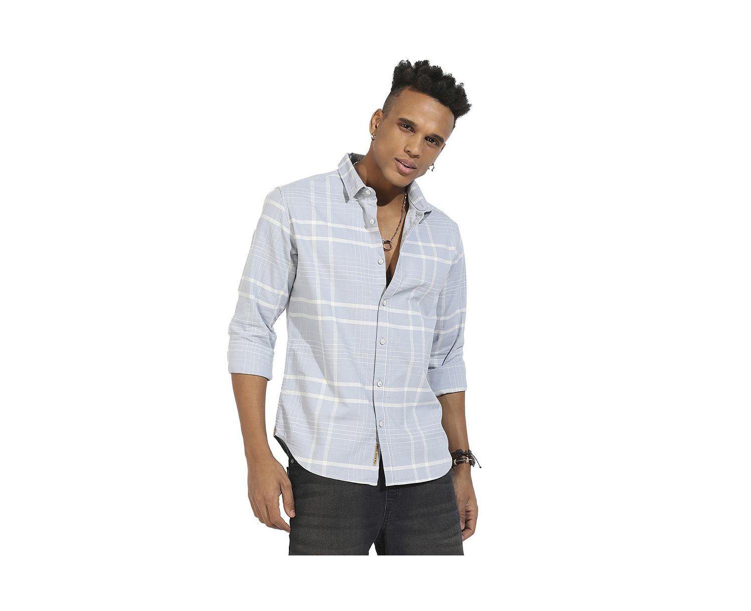 Men's Light Grey Contrast Tartan Plaid Shirt.