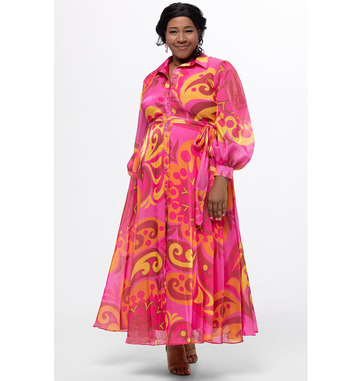 Women's Long Sleeve Abstract Button Down Dress
