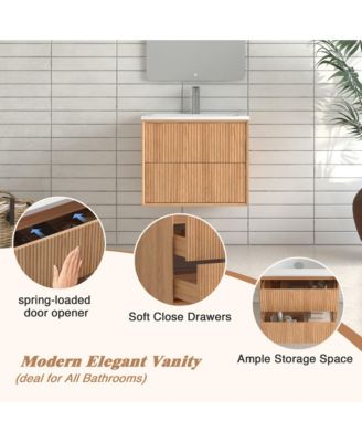 24&#39;&#39; Floating Bathroom Vanity Set, Wall Mounted Solid Wood Bathroom Cabinet with 2 Storage Drawers,White Resin Integrated Basin