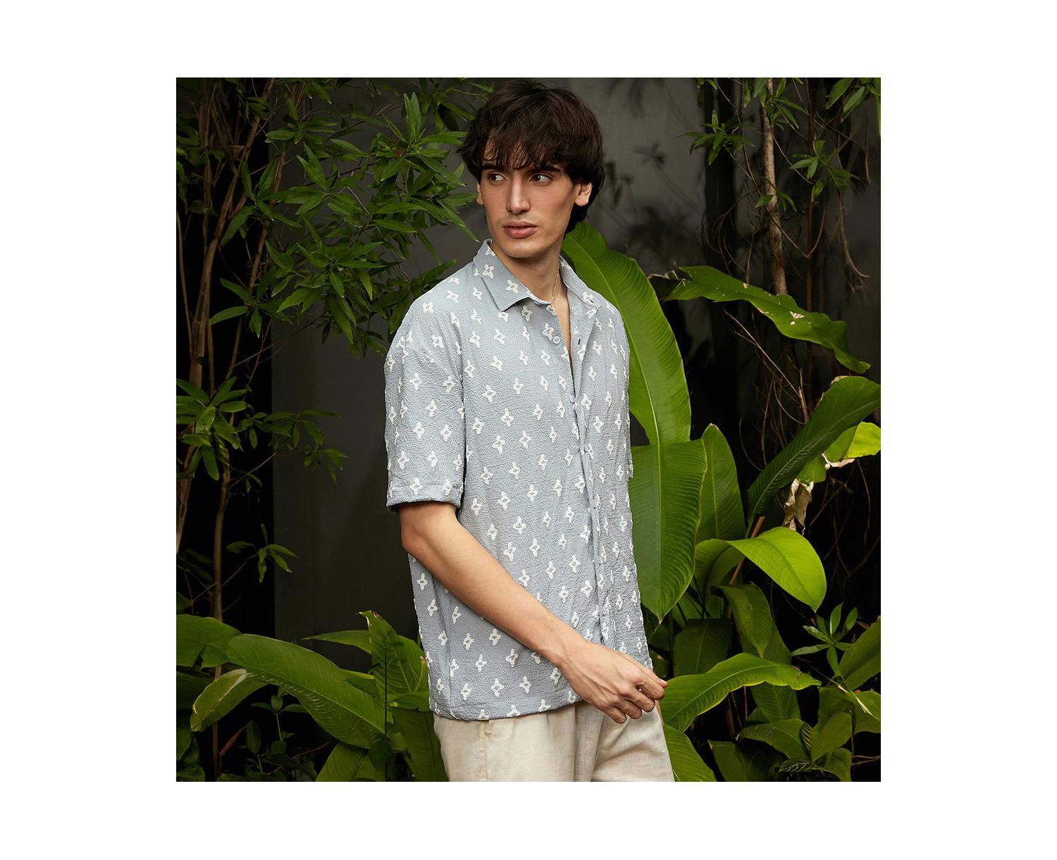 Men's Baby Blue Floral-Tactile Oversized Shirt