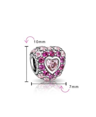 Set of 2 Hot Pink Fuchsia Cubic Zirconia CZ Pave Heart Charm Bead Sterling Silver European Bracelet