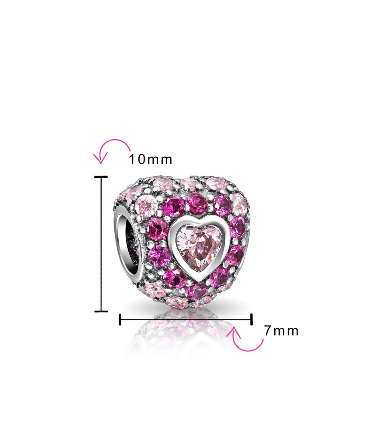 Bling Jewelry Set of 2 Hot Pink Fuchsia Cubic Zirconia Cz Pave Heart Charm Bead Sterling Silver European Bracelet