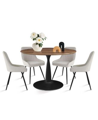 5-Piece Dining Table Set with Round Walnut Table, Metal Base and Upholstered Chairs for Space-Saving Kitchen Use