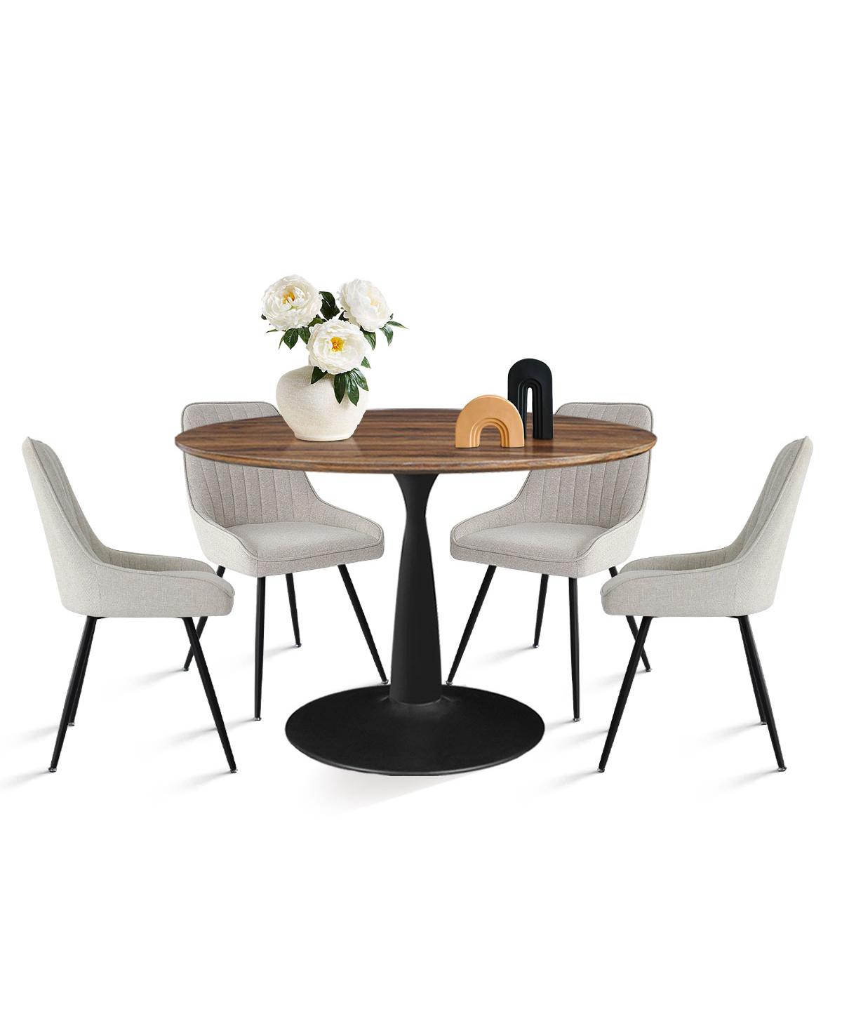 Maison Boucle 5-Piece Dining Table Set with Round Walnut Table, Metal Base and Upholstered Chairs for Space-Saving Kitchen Use