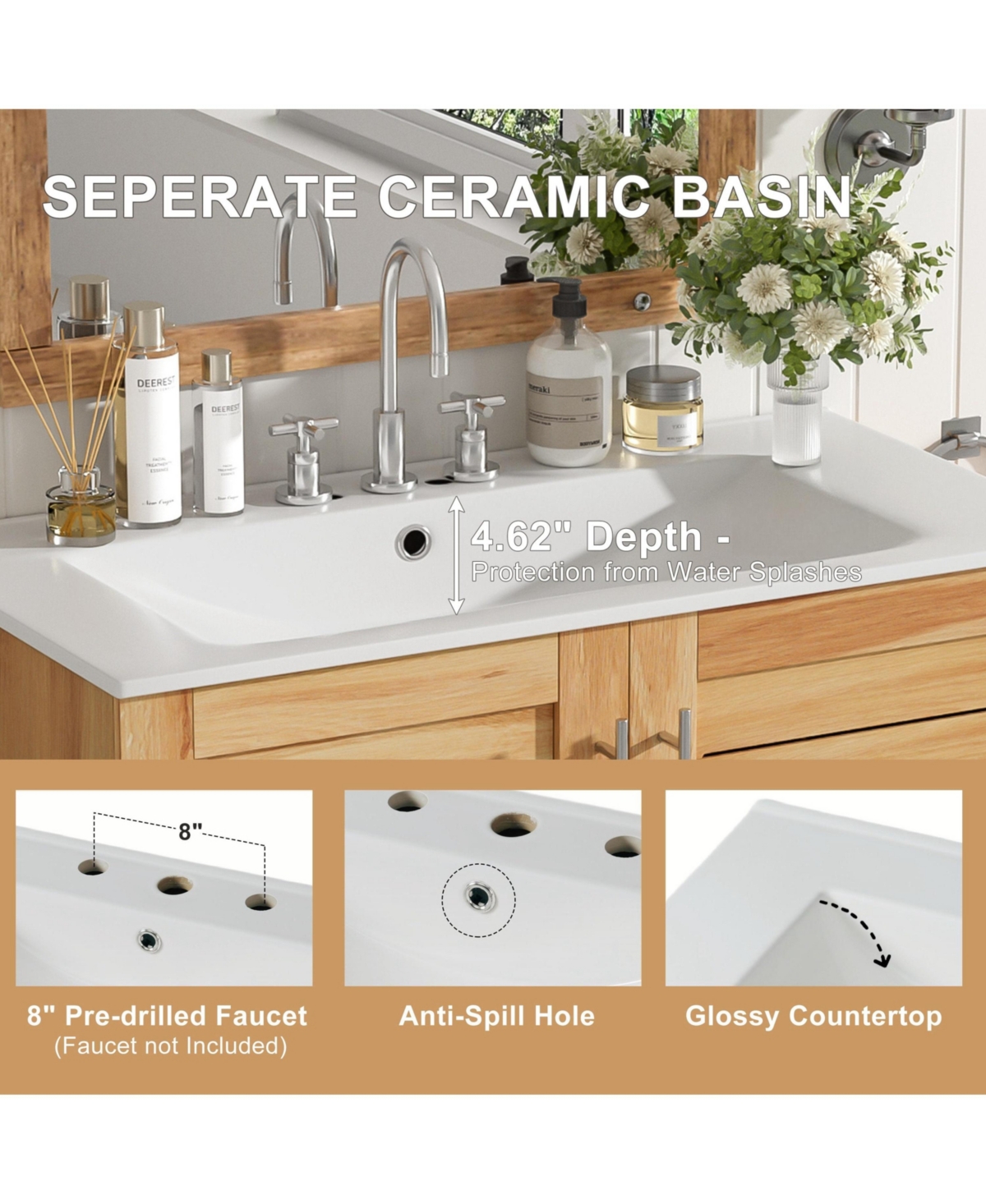 Lovmor 30inch Antique Bathroom Vanity with Ceramic Sink Mid Century Modern Bathroom Vanity Cabinet