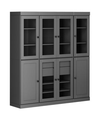 100% Solid Wood Pantry China Cabinet, Clear Glass & Shaker Doors, 2 Drawers, Adjustable Shelves, 65" Wide, 71.5" Tall