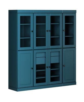 100% Solid Wood Pantry China Cabinet, Clear Glass & Shaker Doors, 2 Drawers, Adjustable Shelves, 65" Wide, 71.5" Tall