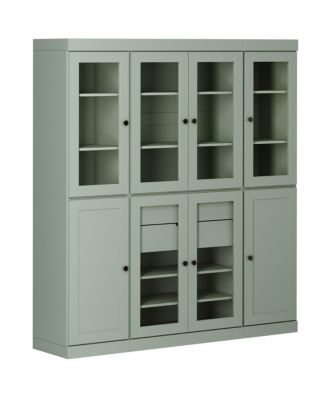 100% Solid Wood Pantry China Cabinet, Clear Glass & Shaker Doors, 2 Drawers, Adjustable Shelves, 65" Wide, 71.5" Tall