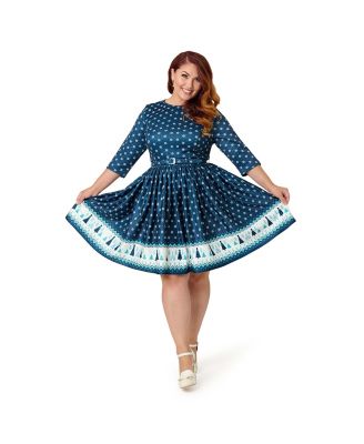 Women's Plus Size Boat Neck Belted Stephanie Fit & Flare Dress