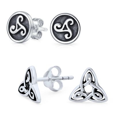 Set of 2 Ancient Small Celtic Irish Infinity Love Knot Trinity Symbol & Round Triskele Stud Earrings Oxidized Sterling Silver