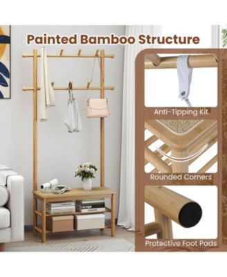 Bamboo Coat Rack with Bench Shoe Storage 2 Hanging Rods 11 Hanging Hooks Shelves