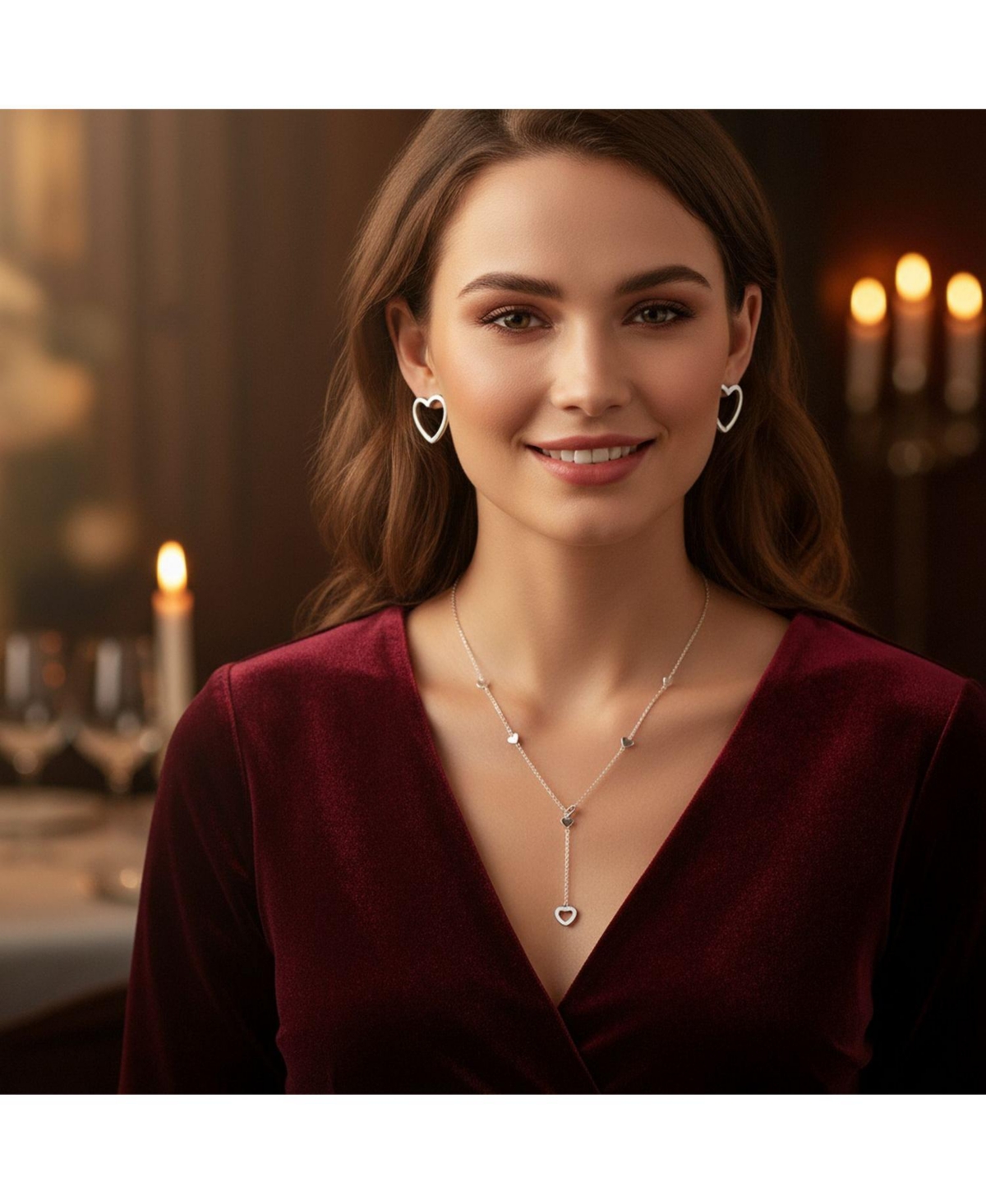 Bling Jewelry Heart Long Lariat Pendant Necklace & Endless Tube Mini Hoop Earrings Jewelry Set Sterling Silver