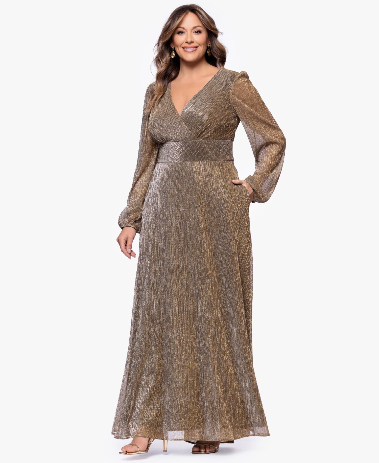 Plus Metallic V-Neck Long-Sleeve Gown