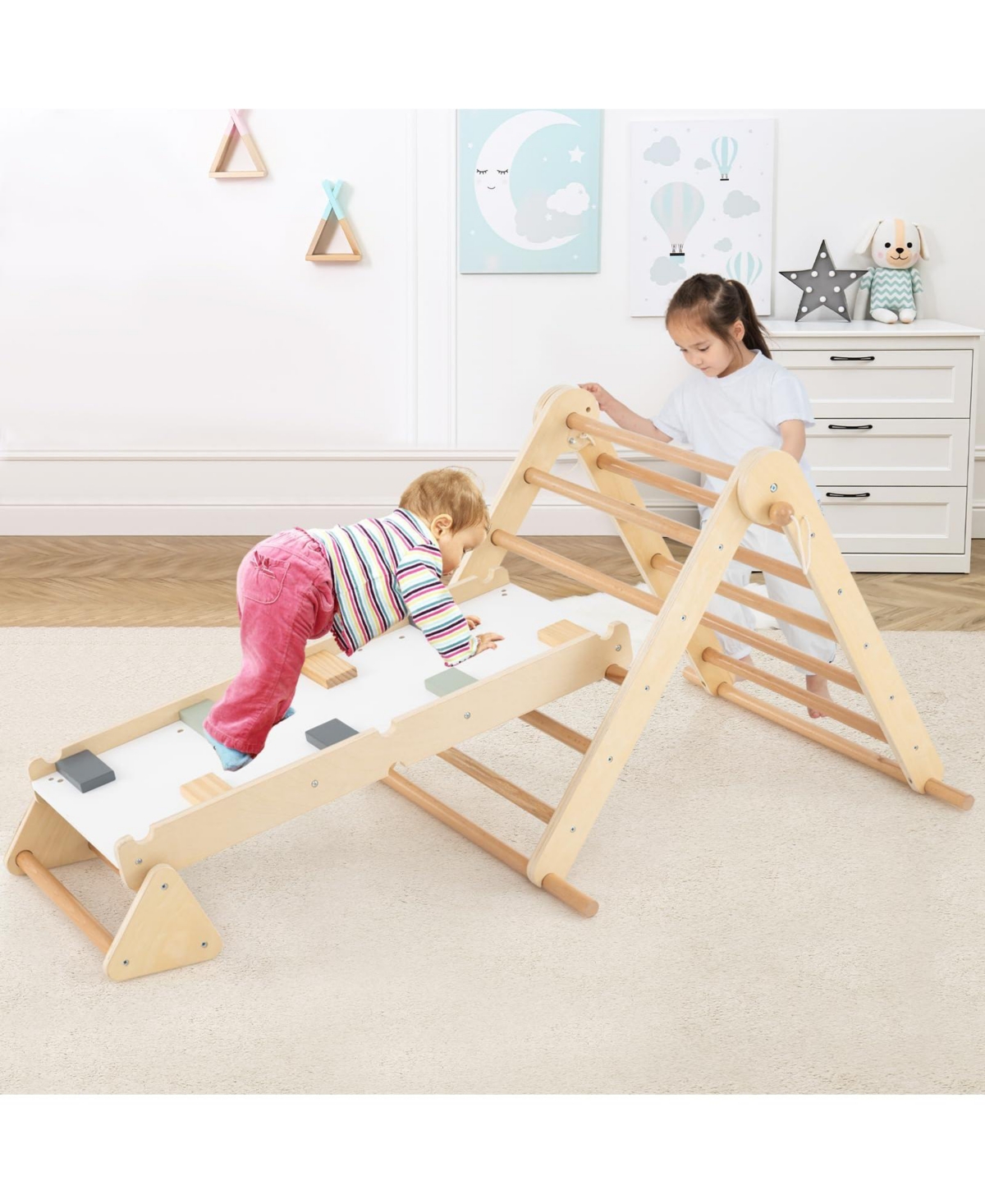 Mecale 3-in-1 Pikler Triangle Climbing Set Kids Foldable Montessori Toys with Ramp