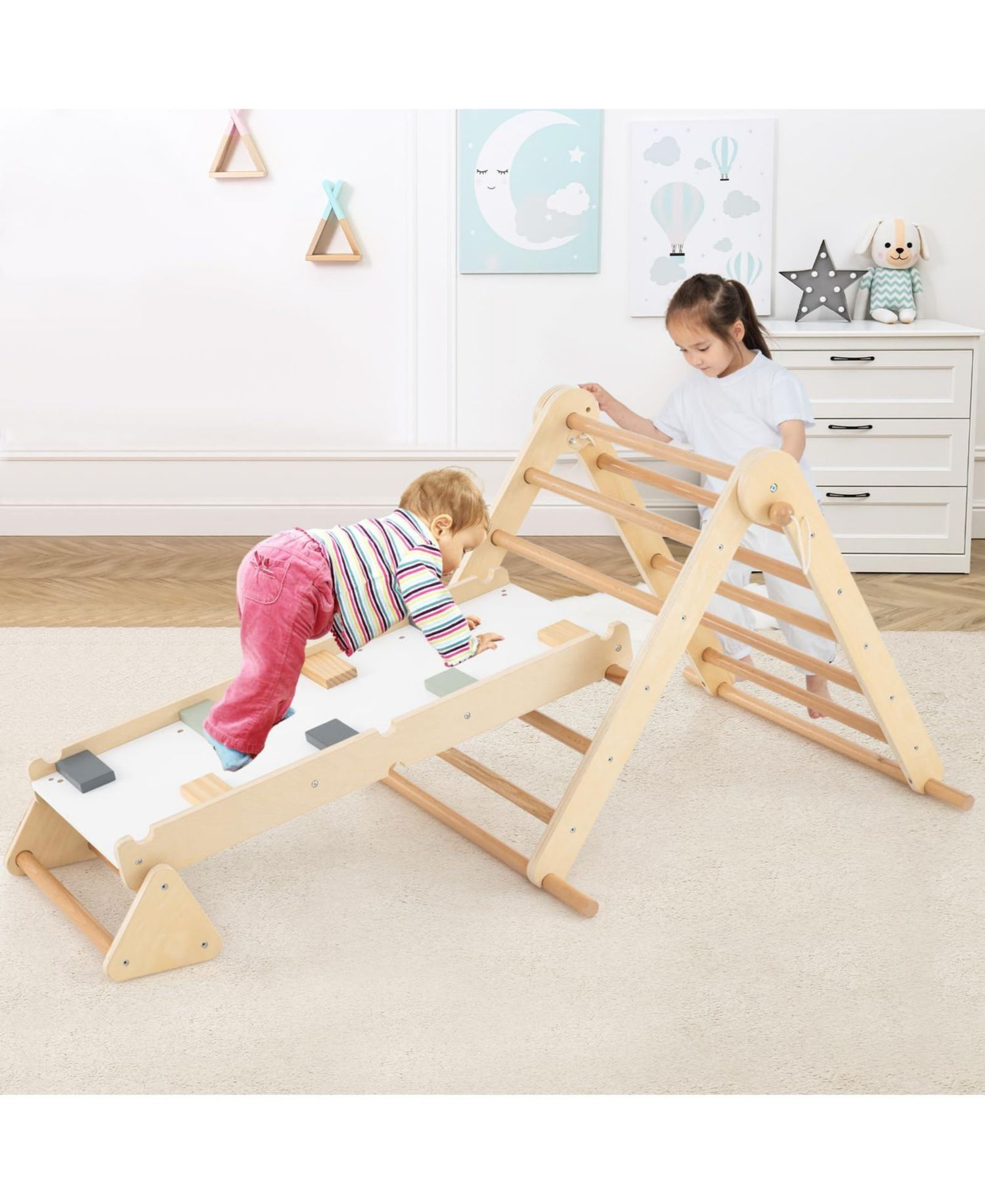Ages 3+ 3-in-1 Pikler Triangle Adjustable Foldable Climbing Set, 3-Piece Set