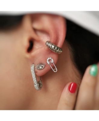 Women's Pave Stud Safety Pin Earring Jewelled Sterling Silver