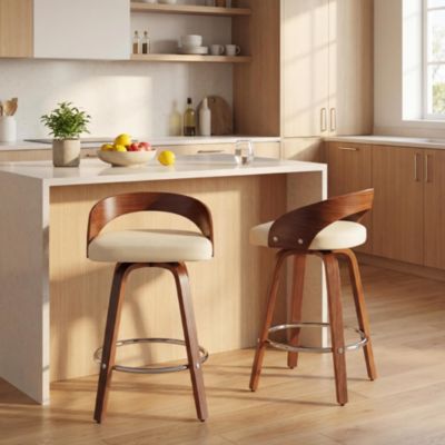 Set of 2 Swivel Wood Bar Stools with Low Back and Cushioned Seat