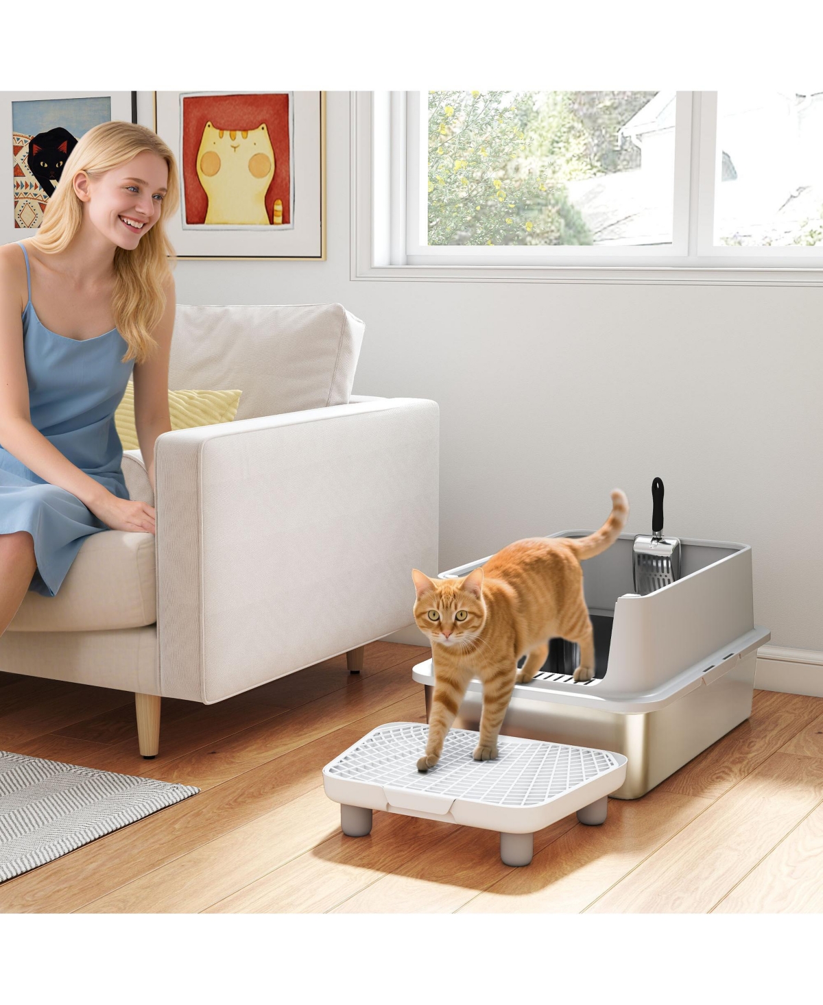 PawHut Xl Stainless Steel Cat Litter Box High Sided Include Scoop & Pad