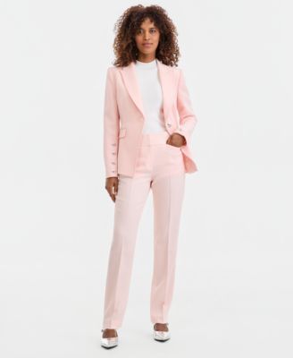 Women's Twill One-Button Peak-Lapel Blazer, Sleeveless Mock-Neck Sweater & Mid-Rise Bell-Bottom Pants