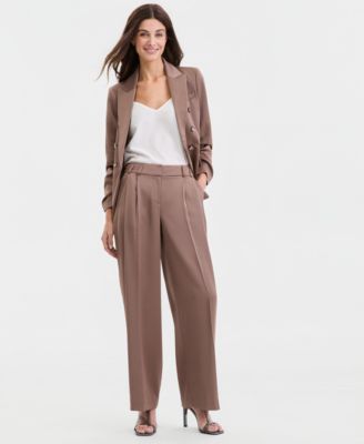 Women's Matte Satin Double-Breasted Scrunch-Sleeve Jacket & Pleat-Front Wide-Leg Pants