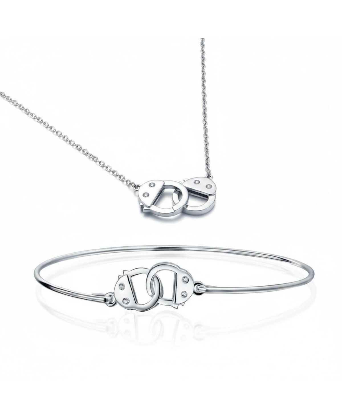 Bling Jewelry Romantic Delicate Working Lock Cz Accent Handcuff Necklace Pendant & Bangle Bracelet Jewelry Set Sterling Silver