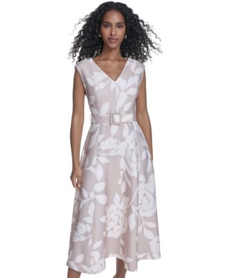 Women's Scuba Belted V-Neck Midi Dress