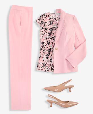 Women's Stretch Crepe One-Button Jacket, Floral Pleat-Front Cap-Sleeve Top & Stretch Crepe Mid-Rise Pants