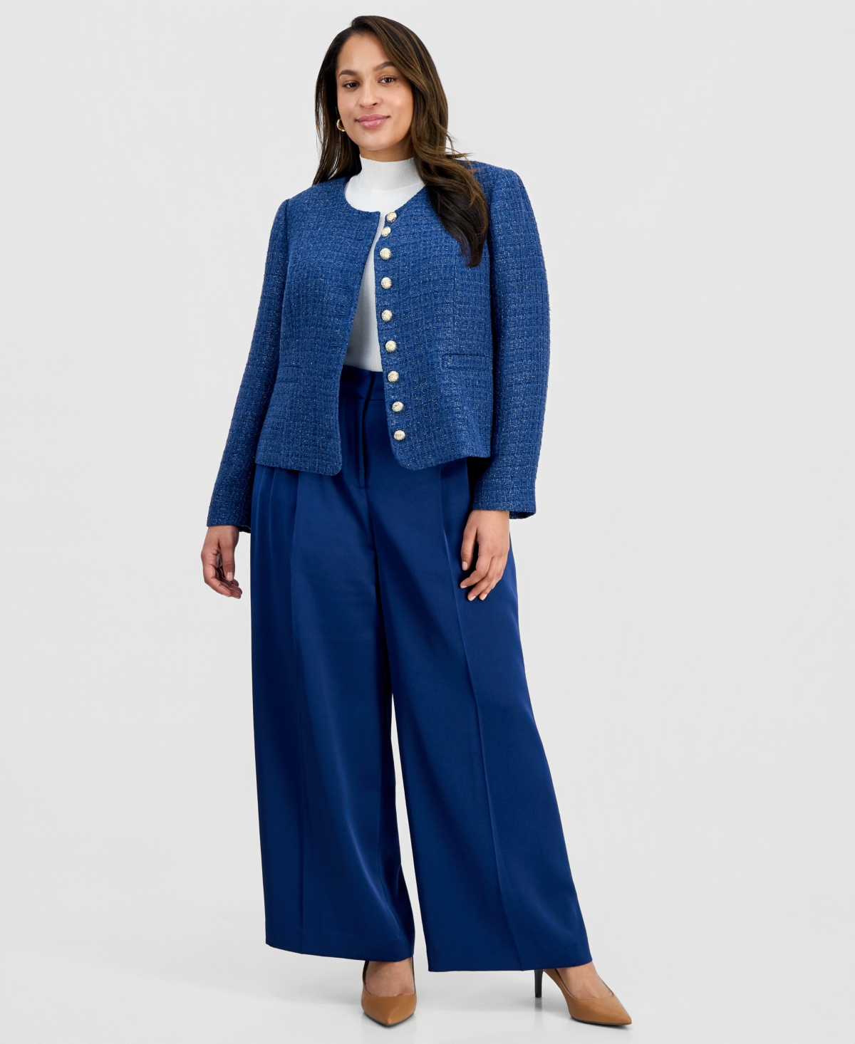 Tahari Asl Plus Boucle-Knit Collarless Jacket