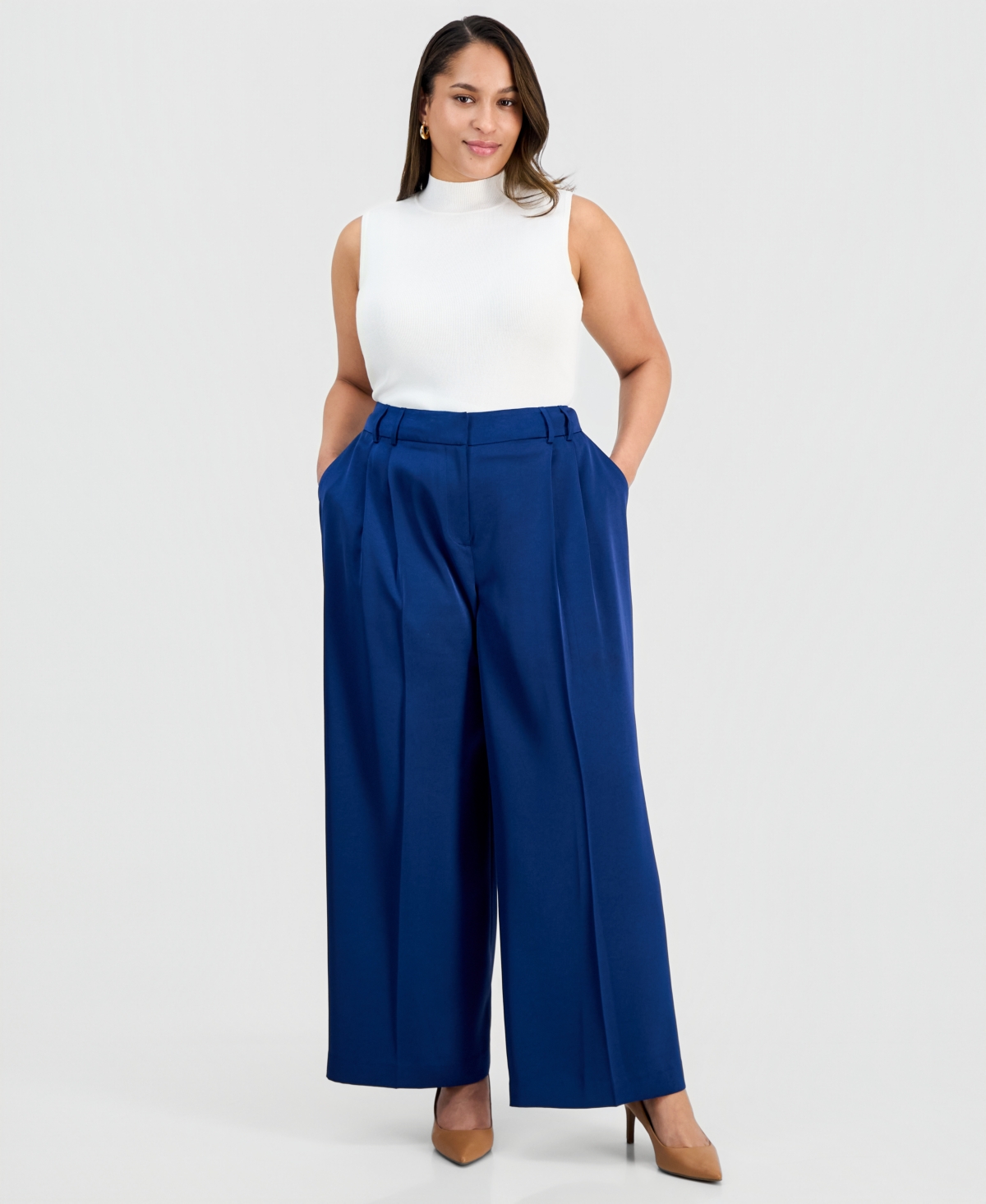 Tahari Asl Plus Pleat-Front Wide-Leg Satin Pants
