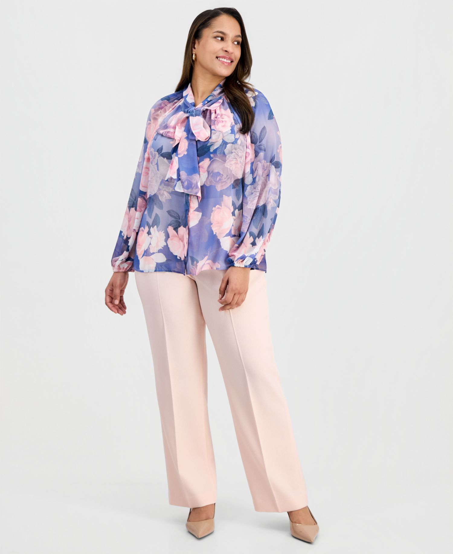 ASL Plus Tie-Neck Blouson-Sleeve Blouse
