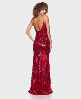 Juniors' V-Neck Sequined Gown