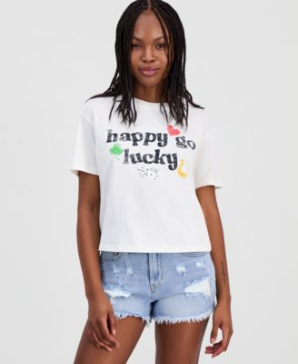 Juniors' Short-Sleeve Cropped Happy Go Lucky Graphic T-Shirt