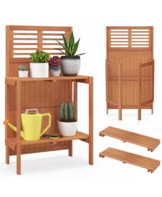 Folding Garden Potting Bench with 2-Tier Storage Shelves and Teak Oil Finish