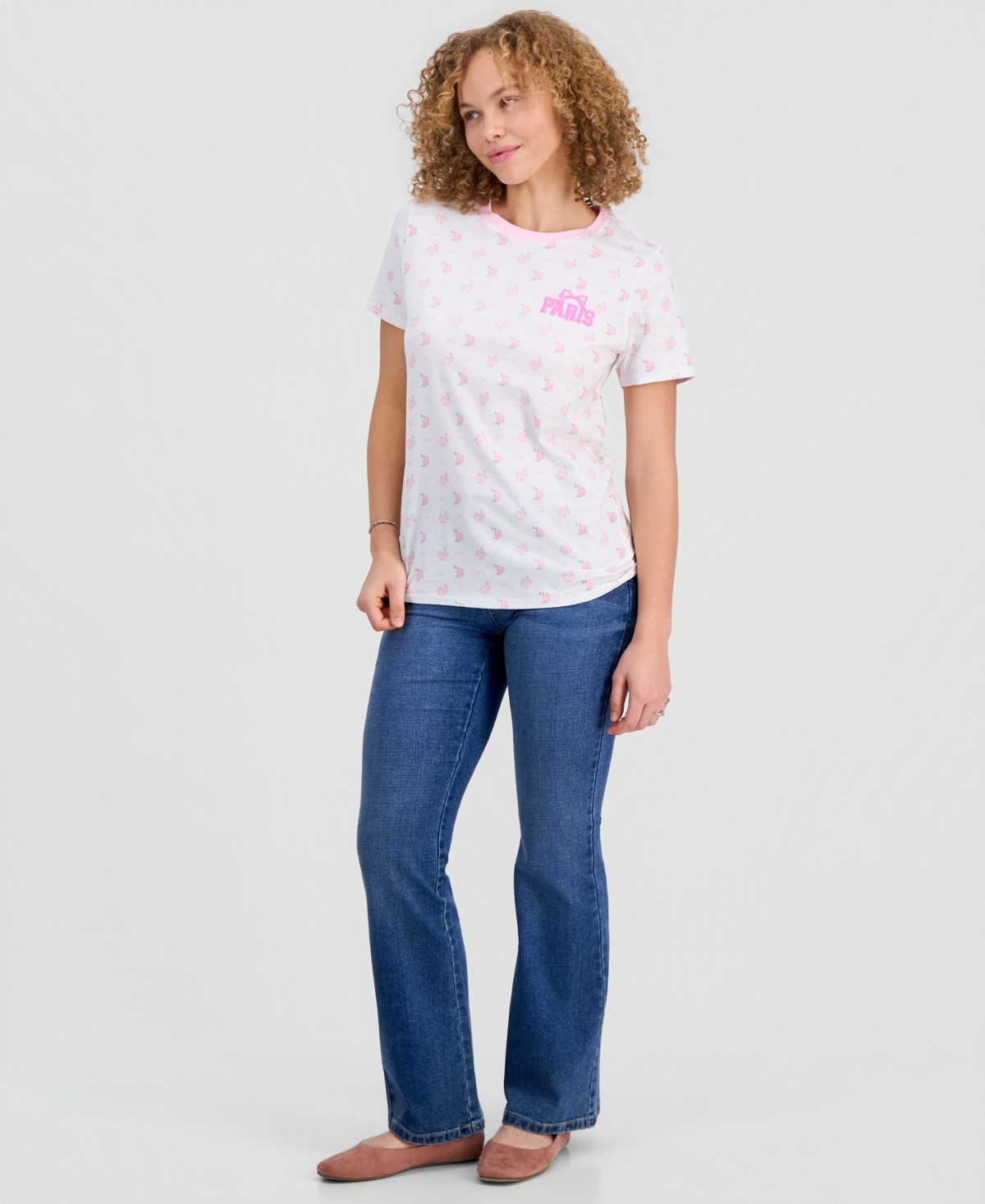 Rebellious One Juniors' Paris Ditsy Floral Graphic Cotton T-Shirt