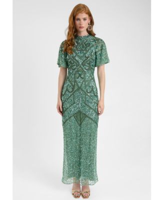 Women's Embellished Sequin Beaded With Short Flutter Sleeves Maxi Dress