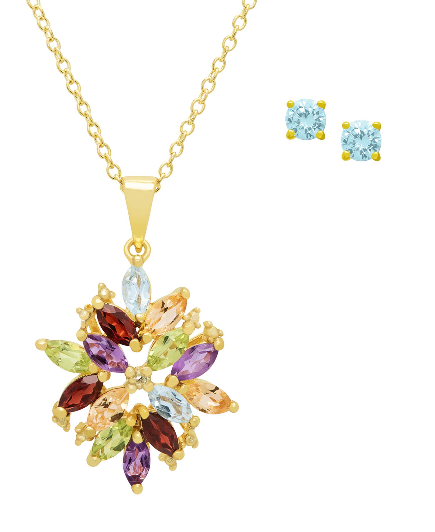 2- Pc. Multi-Stone (3.13 ct. t.w.) & Diamond (0.005 ct. t.w.) Pendant Necklace & Earrings Set in Yellow Gold Plated Sterling Silver