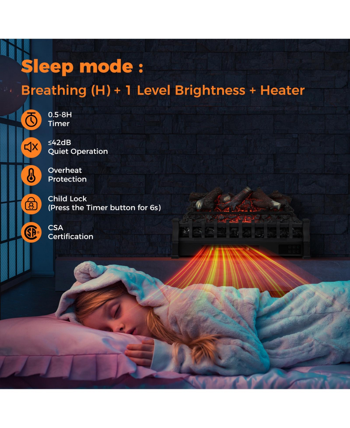 Sugift 26 Inch Electric Fireplace Heater with Remote Control and Realistic Lemonwood Ember Bed-Black