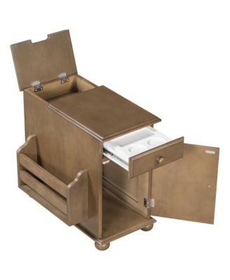 U-Can Vintage Flip Top End Table with USB Ports Multifunctional Drawer and Bookshelf