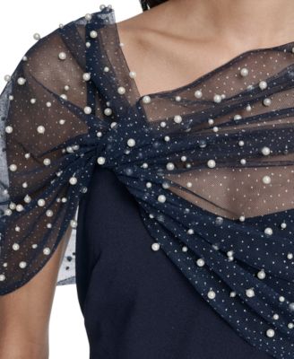 Women's Spaghetti Strap Beaded Twist Overlay Gown