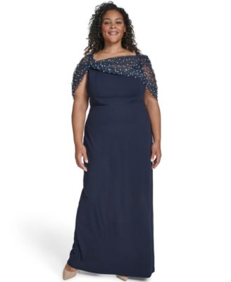 Plus Size Short-Sleeve Spaghetti Strap Beaded Twist Overlay Gown