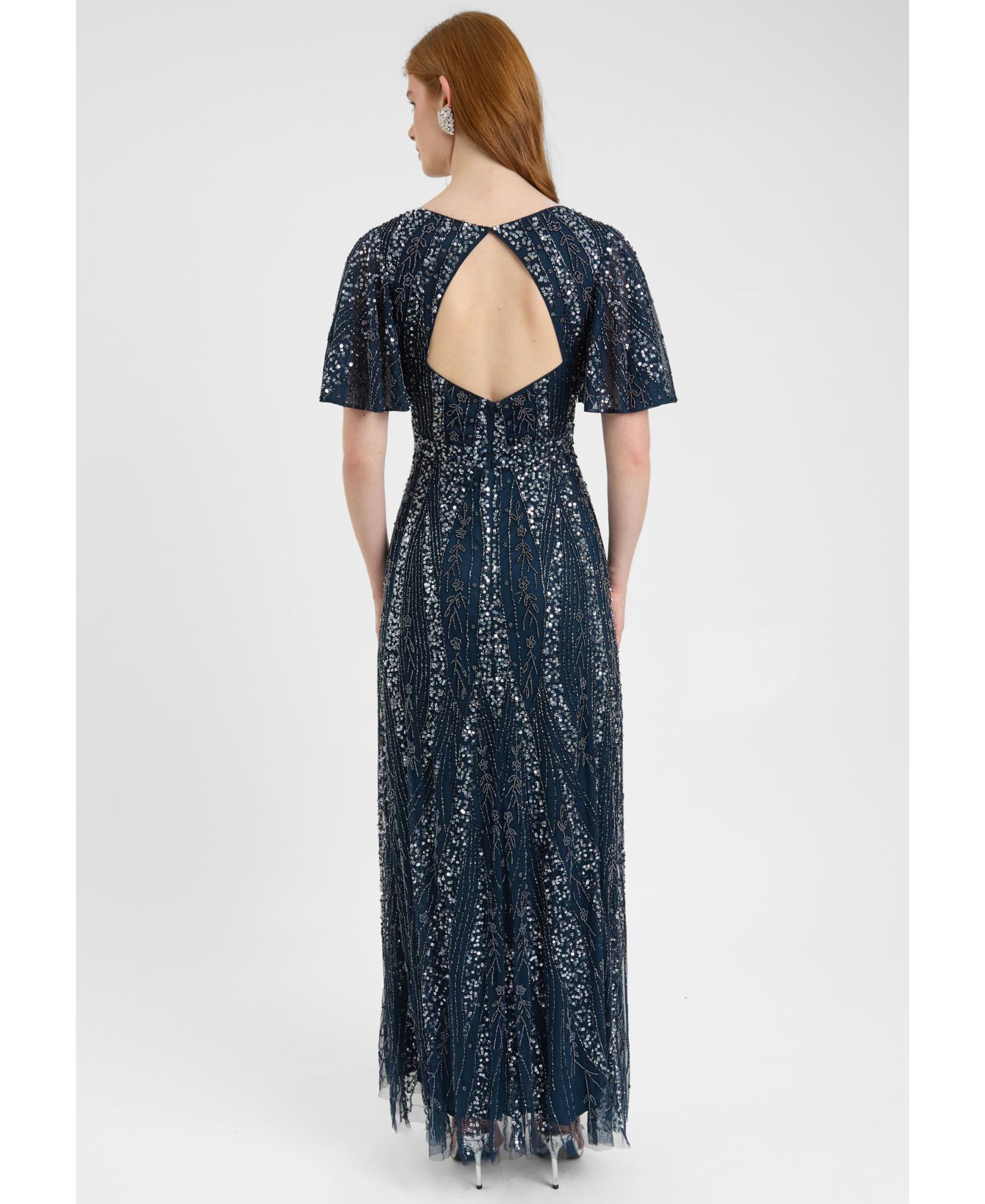 Женское платье BEAUUT Embellished Sequin Beaded Maxi Dress With Flutter Sleeve, цвет: Тёмно-синий — фото 3