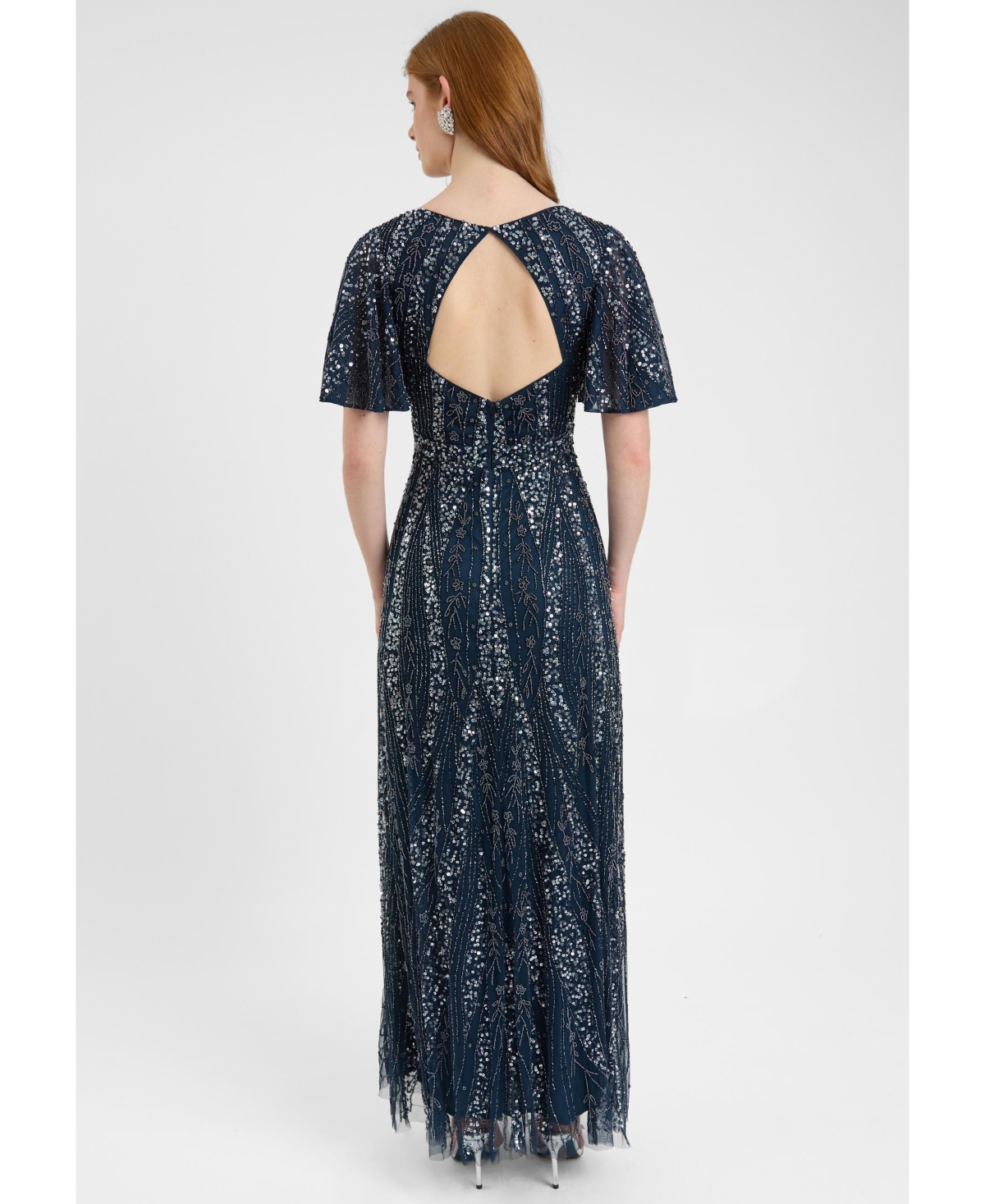 Beauut Women's Embellished Sequin Beaded Maxi Dress With Flutter Sleeve