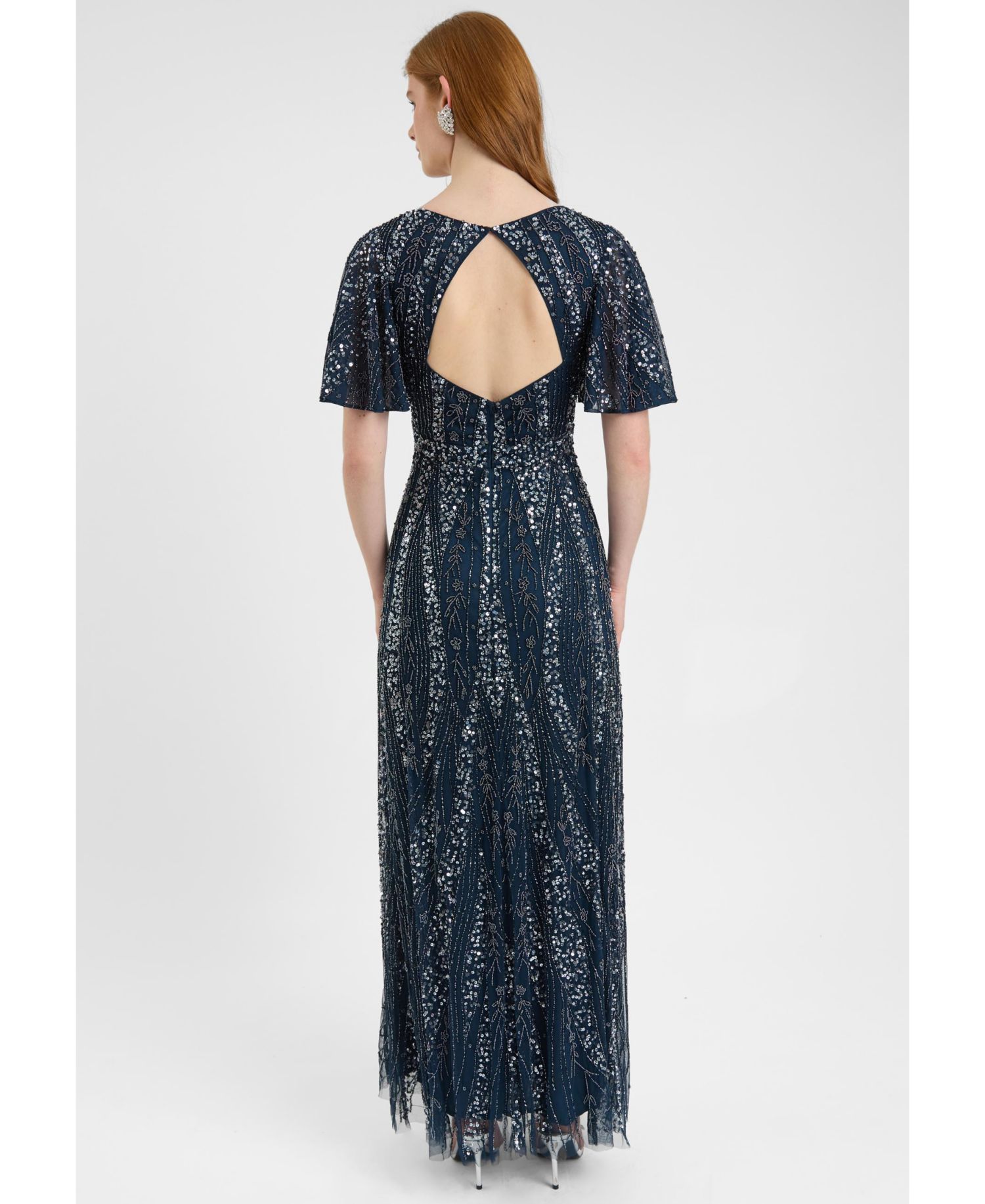 Women's Embellished Sequin Beaded Maxi Dress With Flutter Sleeve