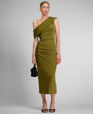 Women's Asymmetrical Drape Beaded Strap Midi Dress