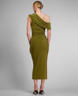 Women's Asymmetrical Drape Beaded Strap Midi Dress