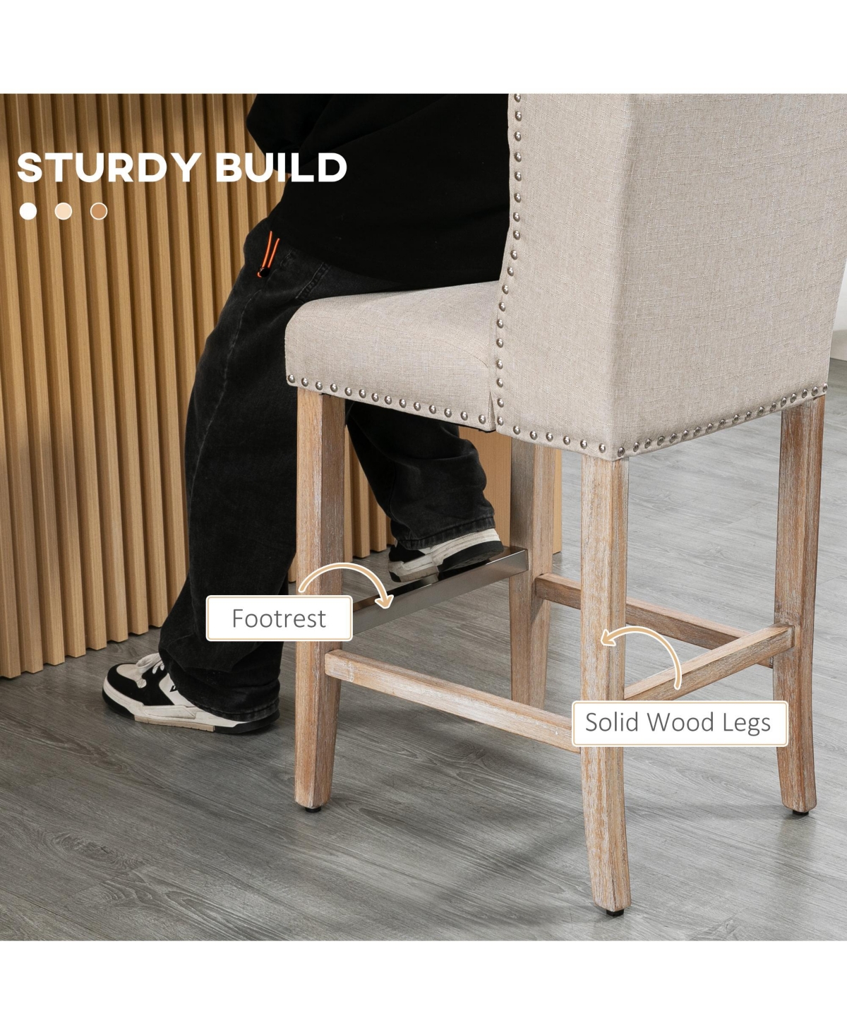 Homcom Counter Height Bar Stools Set of 2 with Wood Legs, Beige