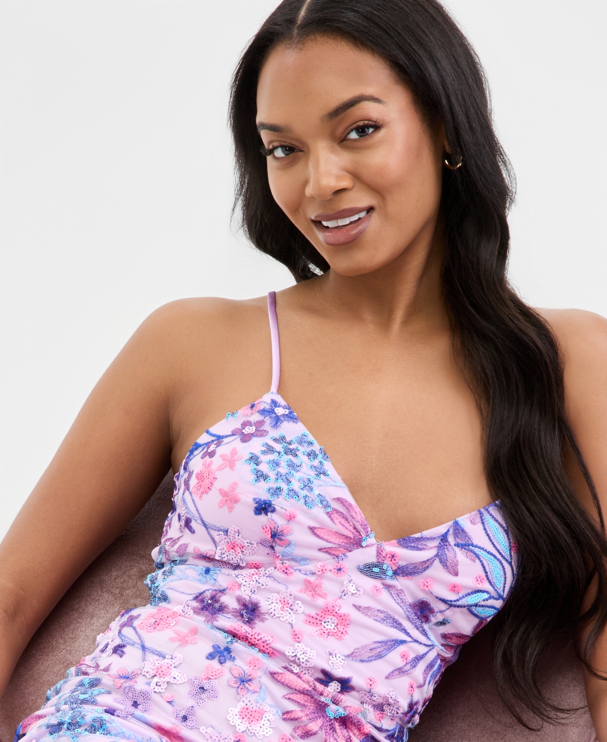 City Studios Juniors' Floral-Sequinned Evening Gown, Created for Macy's