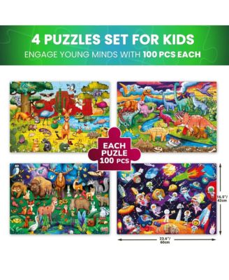 4x100 Piece Glow-in-The-Dark Puzzles– Space, Dinosaurs, Animals