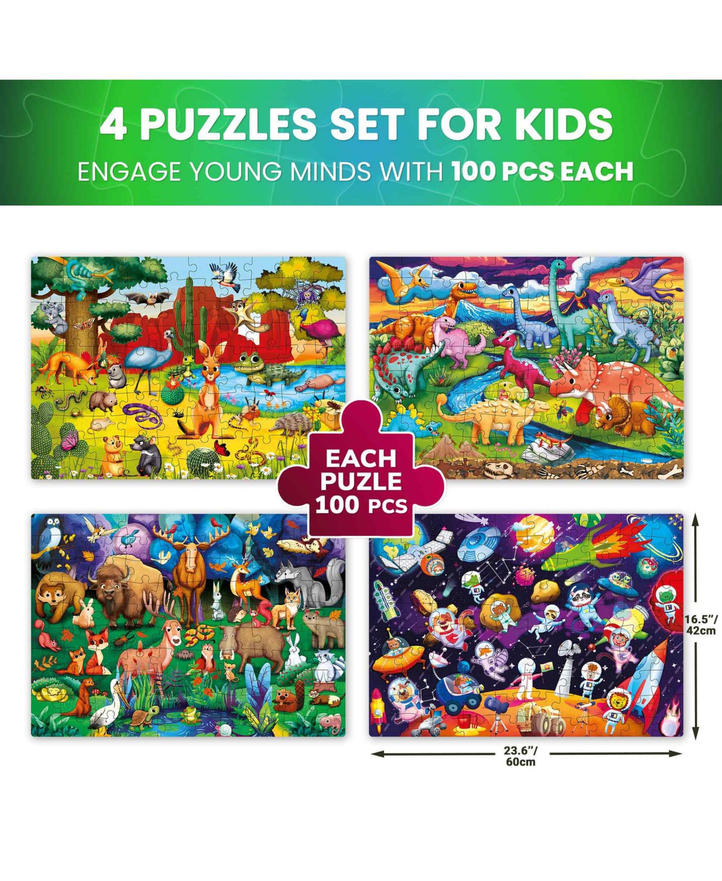 Детский пазл Quokka Glow-in-the-Dark Dinosaurs 4x100 Piece Puzzle, Ages 3+, цвет: Spacedinosaursanimals — фото 3