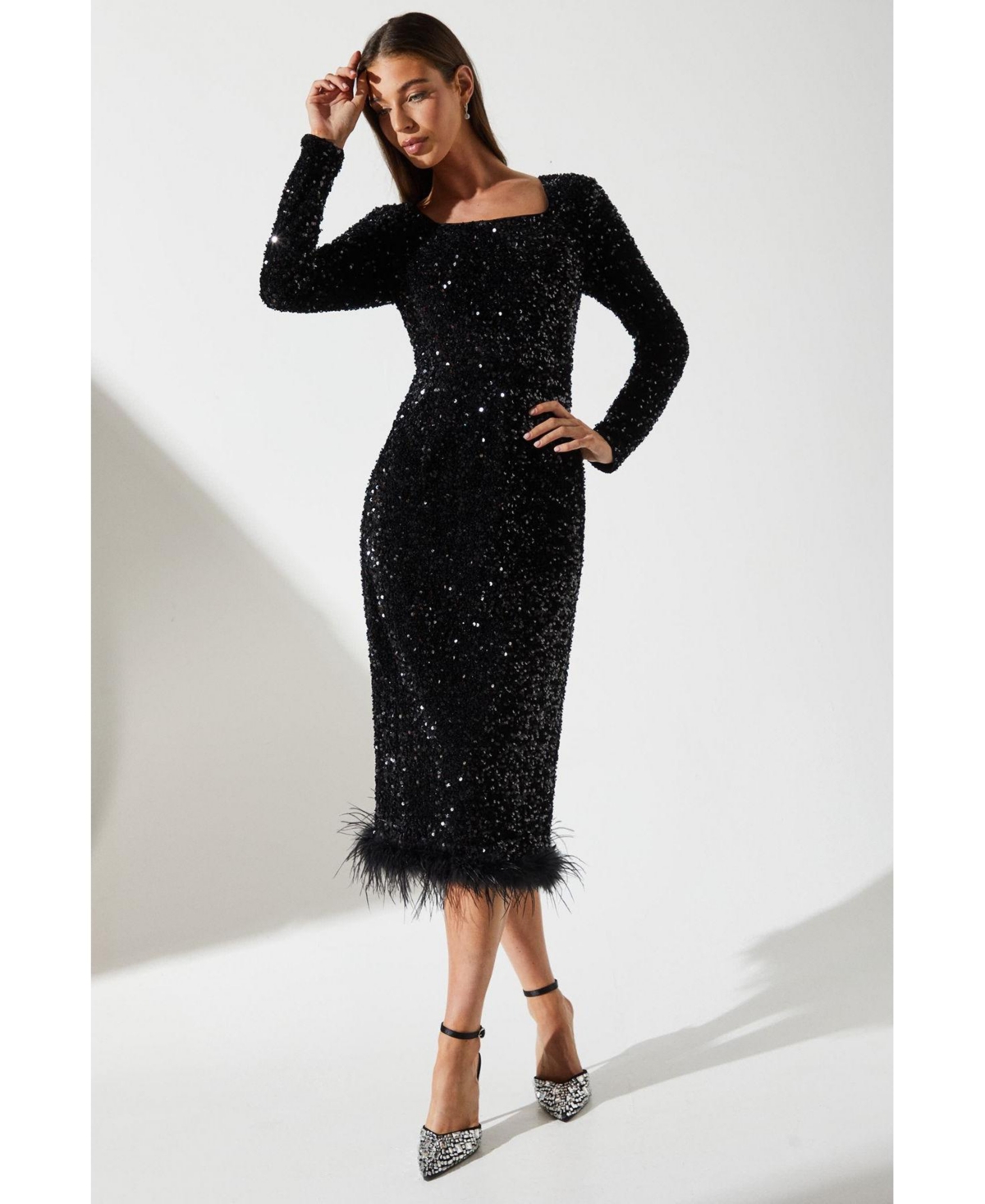 Coast Women's Sequin Feather Hem Party Midi Dress